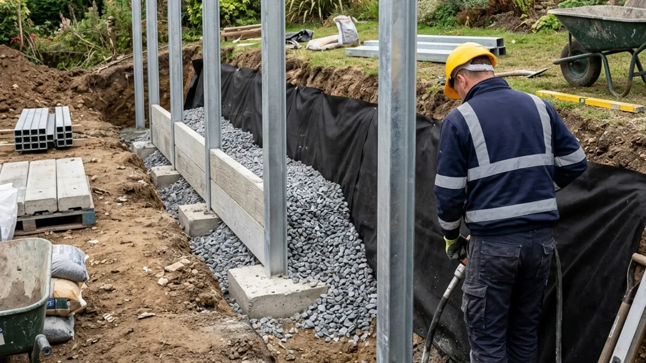 Drainage aggregate and pipe being installed behind a retaining wall