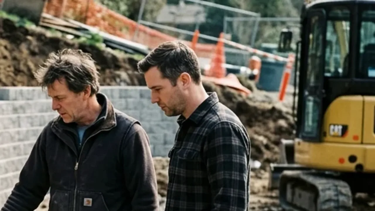 Two people reviewing retaining wall alignment on site